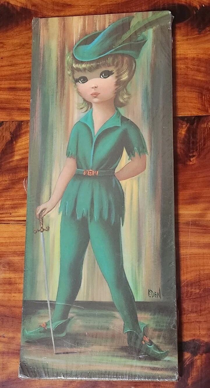 Vtg Big Eye Peter Pan Girl Art Wall Decor Kid Bedroom Nursery Fairy Tale 20x8"